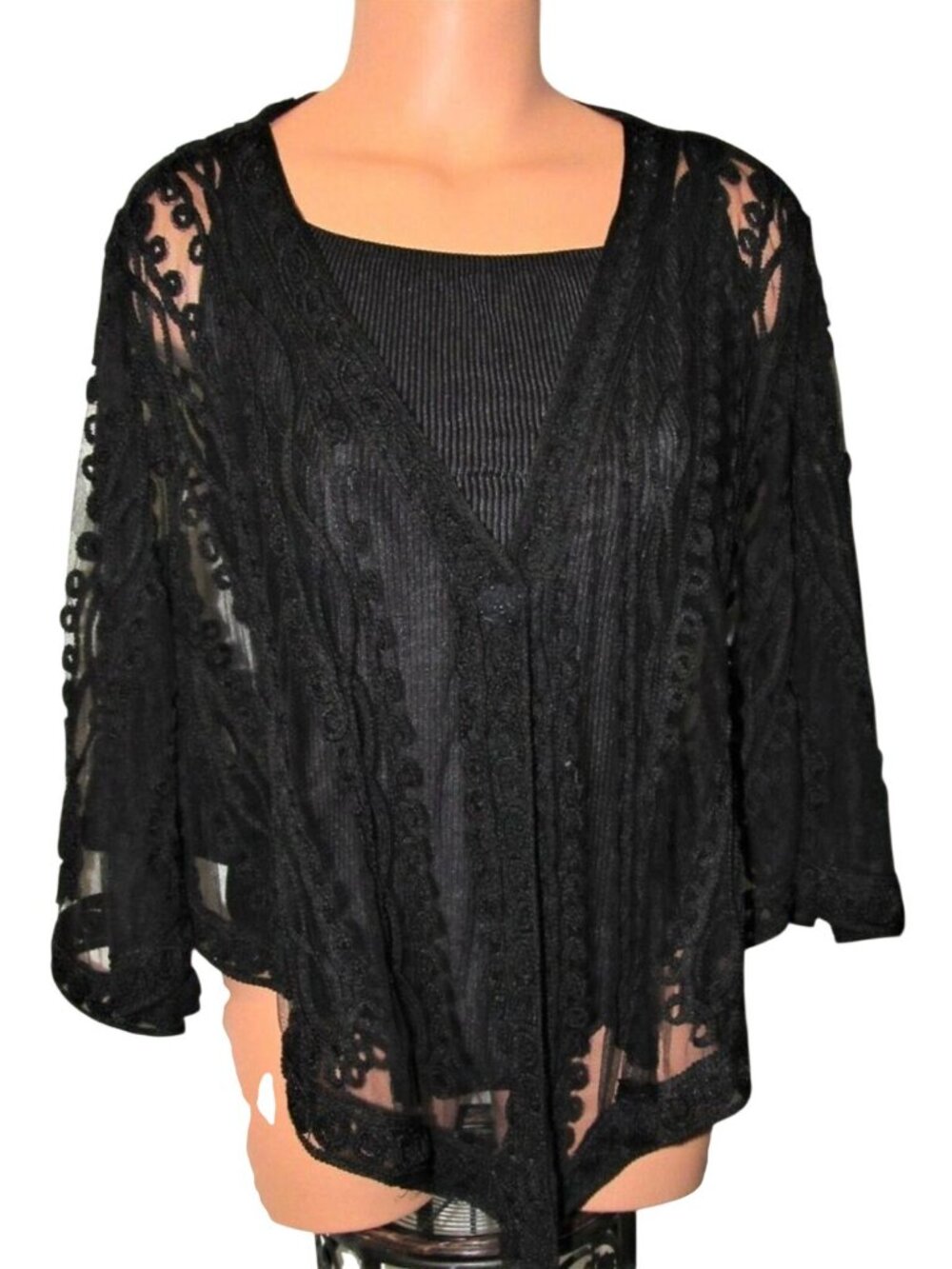 Pretty Angel Sheer Black Embroidered Open Front Kimono Cardigan
